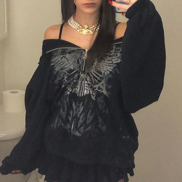 Getadme-Y2K Gothic Butterfly Print Oversize Zip Up Hoodies Winter New Grunge Long Sleeve Sweatshirt Casual Hooded Jacket Streetwear